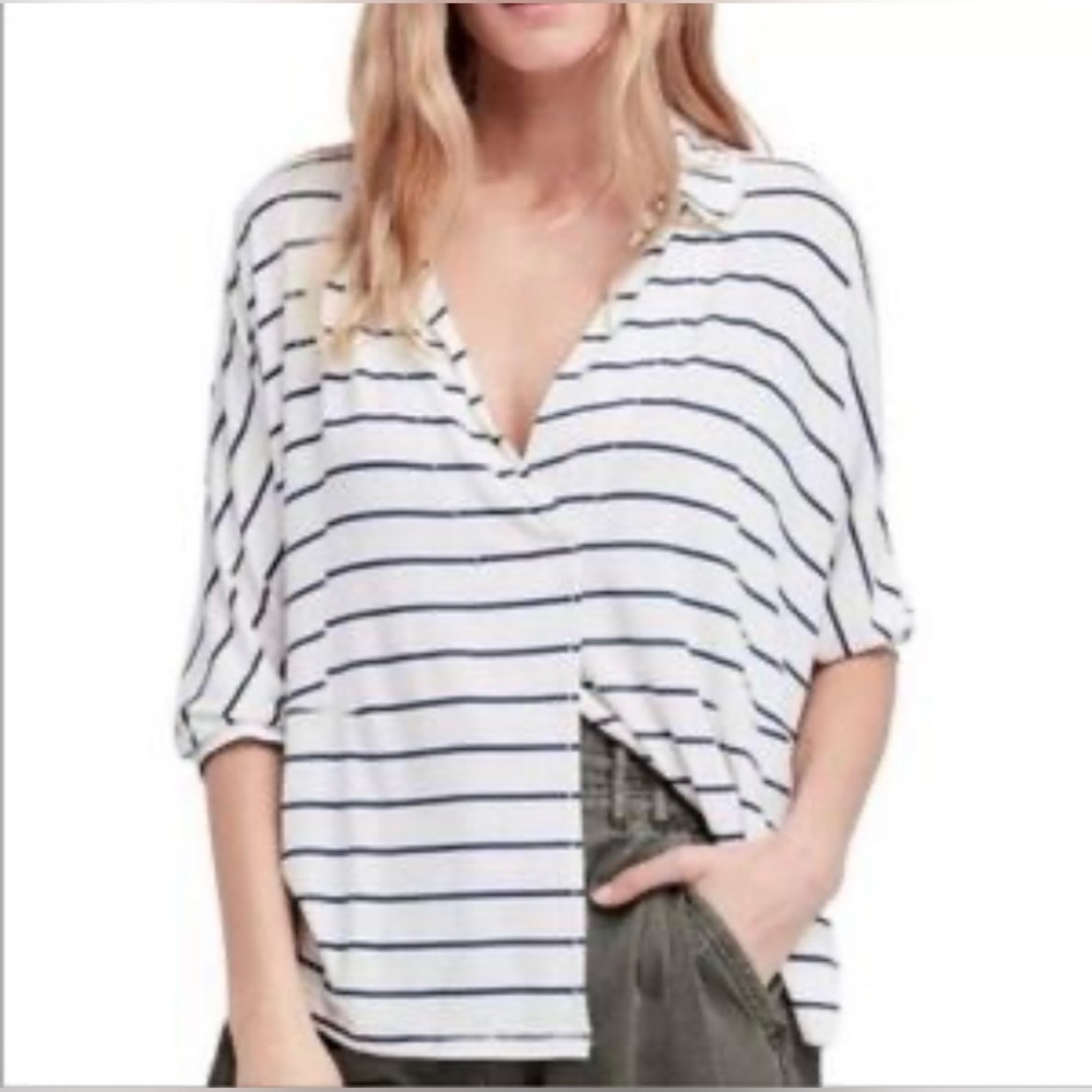 White and Navy Striped V-Neck Button Front Women's Top